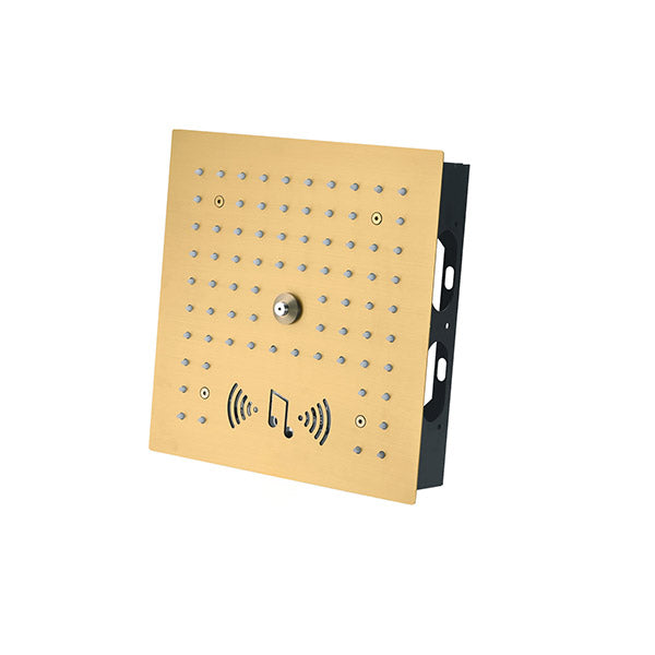 Brushed gold Cascada Royale recessed ceiling shower head — warm finish flat lay on white background