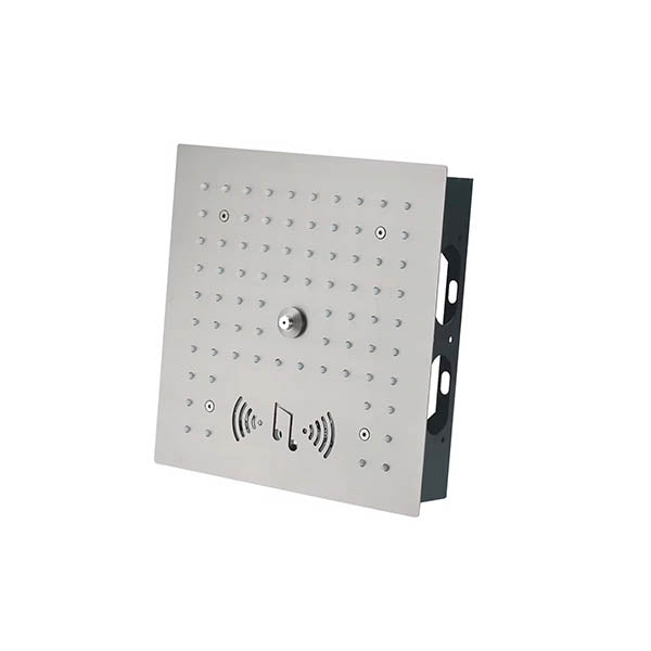 Polished chrome Cascada Royale shower head flat lay — 12 inch square face on clean white background