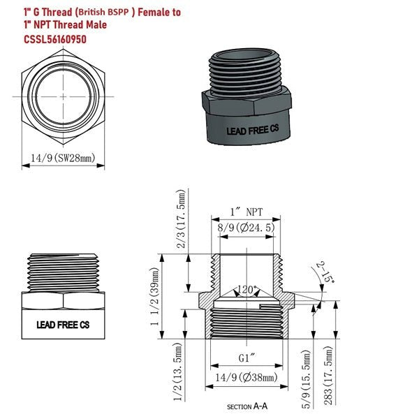 Technical drawing of plumbing fitting with dimensions and thread details