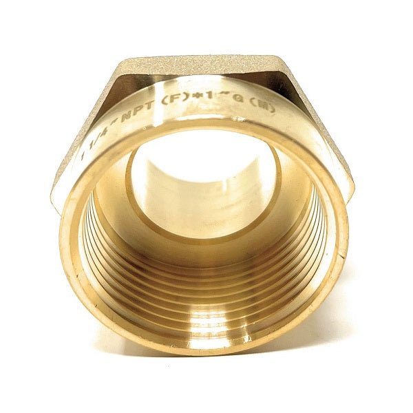 G thread BSPP male to NPT female brass plumbing adapter close up view