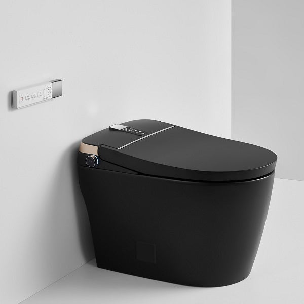 Matte black one-piece smart toilet rear view with power connection and water inlet