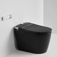 Matte black one-piece smart toilet rear view with power connection and water inlet