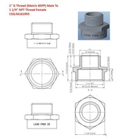 Technical dimensions of 1" BSPP male to 1 1/4" NPT female brass adapter by Cascada