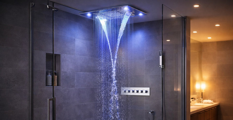 Modern shower with a rain shower head and control panel in a bathroom setting.