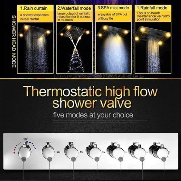 cascada system LED bluetooth shower head speaker hot cold music rain rainfall musical lights showerhead body spray jets waterfall misty ceiling mounted handheld high pressure multicolor holder matte black chrome oil rubbed bronze mixer remote control 23