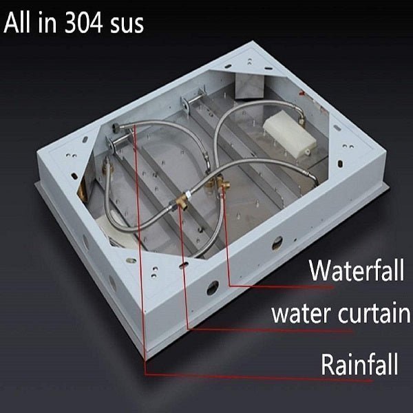 Cascada Classic Design 23"x31" Large shower Set with Waterfall LED rectangle recessed 4 function shower head, massaging body jets & handheld, remote control , Stainless Steel shower head with handheld rain Curtain LED multicolor 6 function shower head, massaging body jets hand held system holder rainfall waterfall SPA mist matte black gold chrome oil rubbed bronze 7 knob valve mixer ceiling mount remote control app system