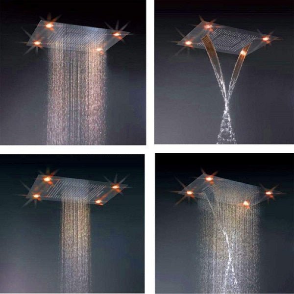 Cascada Classic Design 23"x31" Large shower Set with Waterfall LED rectangle recessed 4 function shower head, massaging body jets & handheld, remote control , Stainless Steel shower head with handheld rain Curtain LED multicolor 6 function shower head, massaging body jets hand held system holder rainfall waterfall SPA mist matte black gold chrome oil rubbed bronze 7 knob valve mixer ceiling mount remote control app system