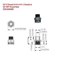 Technical diagram of a plumbing fitting with thread specifications and dimensions.
