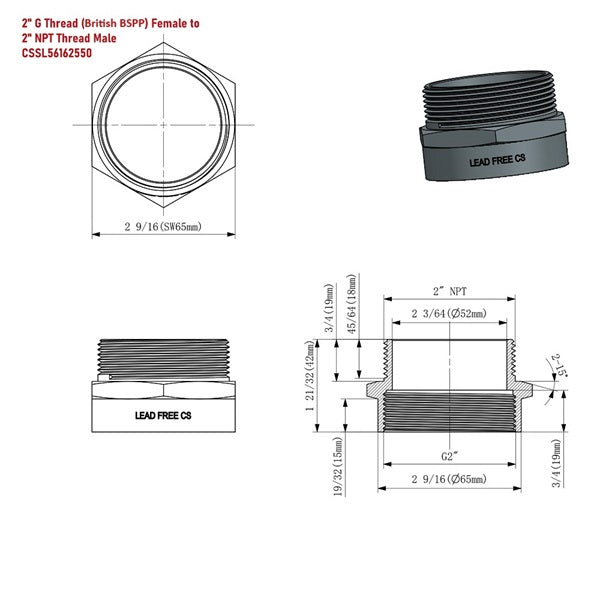 Technical drawing and physical component of a plumbing fitting with dimensions.