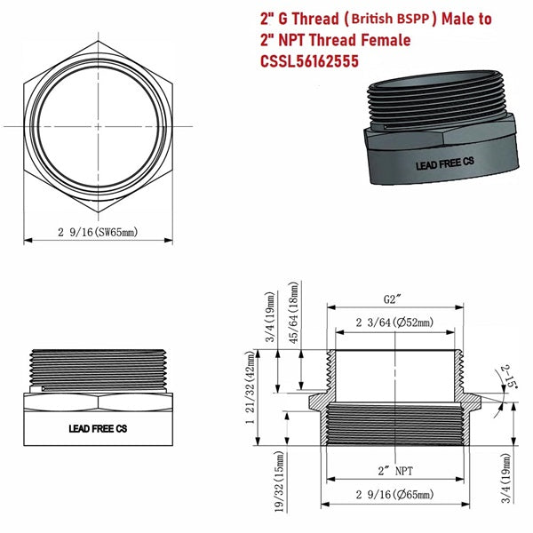 Technical drawing of a plumbing fitting with dimensions and thread specifications.