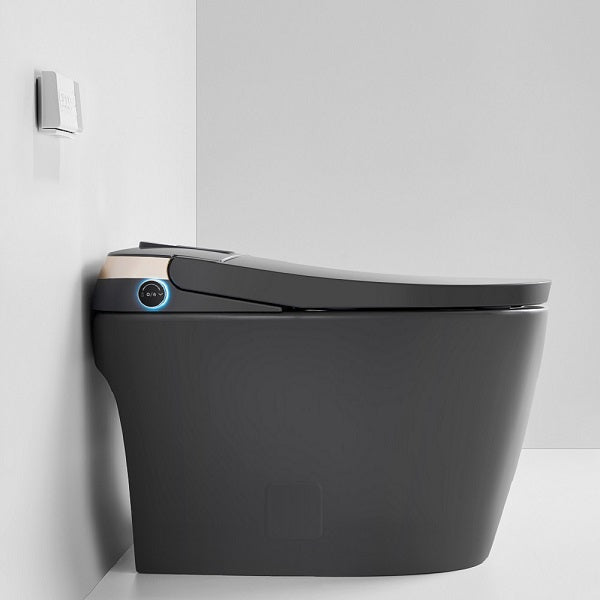 Smart toilet side view showing illuminated temperature display and Magic Knob control panel