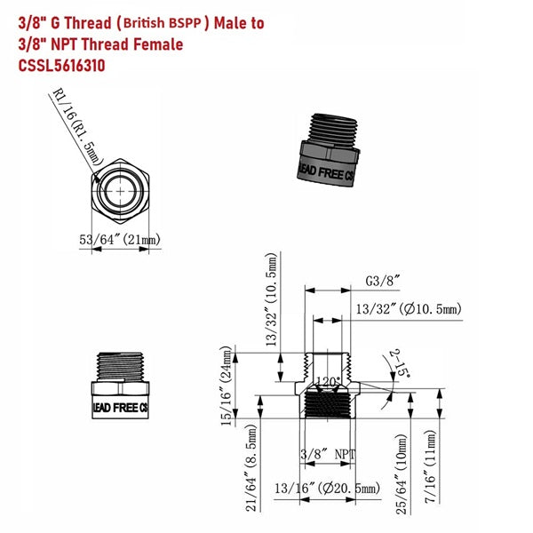 Technical drawing of plumbing threads with dimensions and thread types labeled.