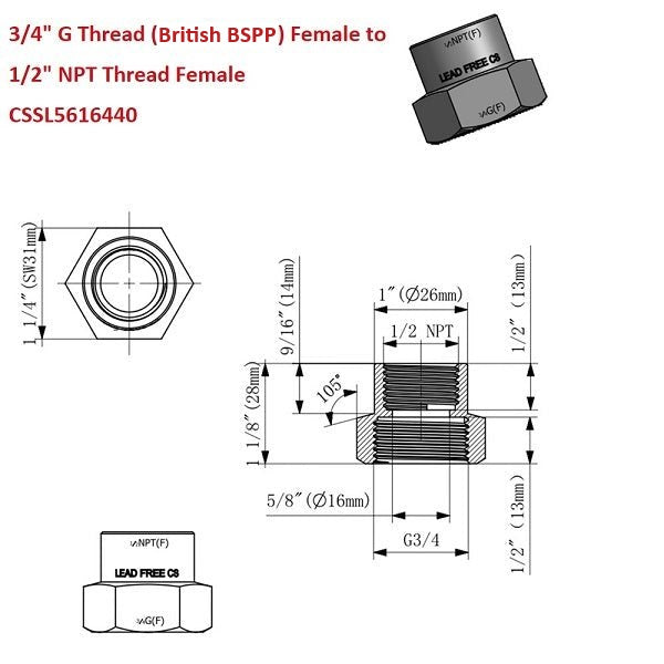 Technical drawing of a 3/4" G Thread (British BSPP) Female to 1/2" NPT Thread Female component with dimensions and specifications.