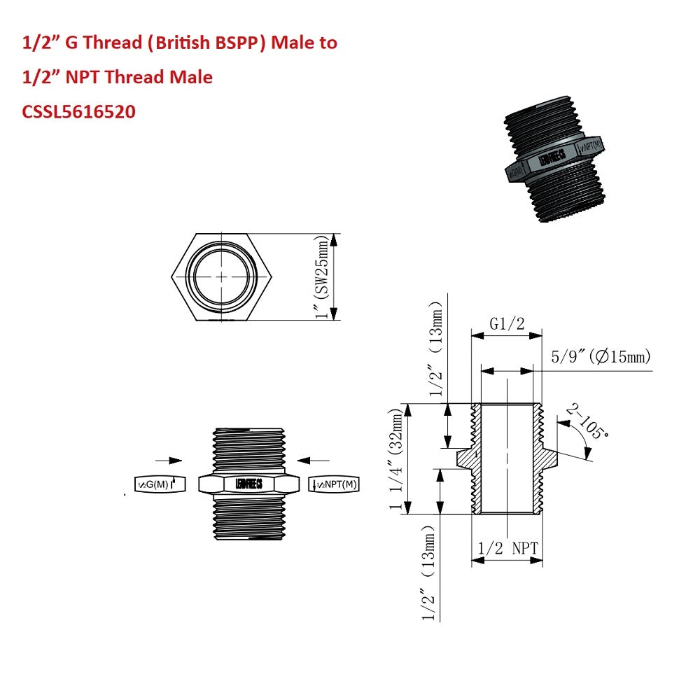 Technical diagram of plumbing fitting with dimensions and thread specifications.
