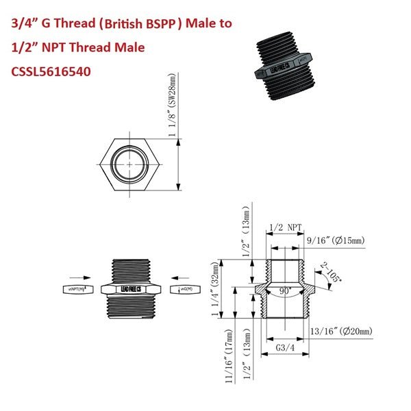 Technical diagram of plumbing thread conversion from 3/4" G Thread to 1/2" NPT with dimensions and specifications.