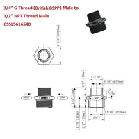 Technical diagram of plumbing thread conversion from 3/4" G Thread to 1/2" NPT with dimensions and specifications.