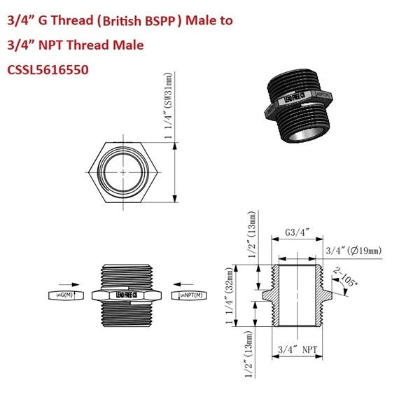 Technical drawing and diagram of a plumbing fitting with dimensions and specifications.