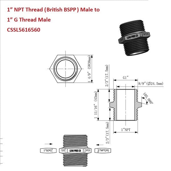 Technical diagram of plumbing fitting with thread sizes and dimensions.