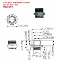 Technical drawing of a plumbing fitting with dimensions and thread specifications.
