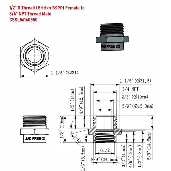 Technical drawing of plumbing fitting with dimensions and thread specifications.