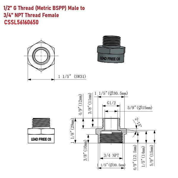 G Thread (Metric BSPP) Male to NPT Female Pipe Fitting Adapter - Lead Free (1/2