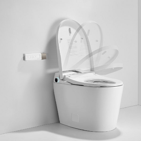 Milano smart toilet with open lid revealing ceramic bowl interior and self-cleaning bidet nozzle