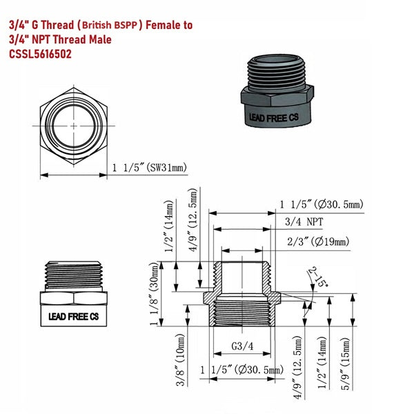 Technical drawing of a plumbing fitting with dimensions and specifications.