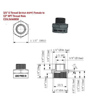 Technical drawing of plumbing connectors with dimensions and thread specifications.