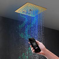 Fingers on the Cascada Royale LED remote — switching colors mid-shower without stepping out