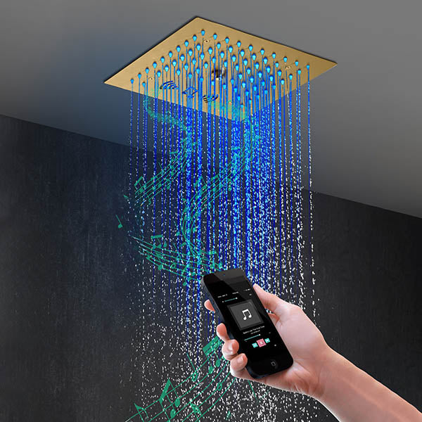 Fingers on the Cascada Royale LED remote — switching colors mid-shower without stepping out