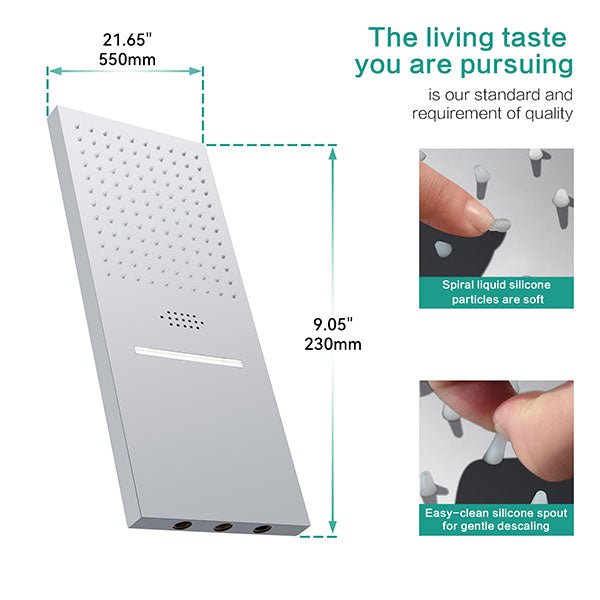 Measurement chart of a shower head with text about quality and features.