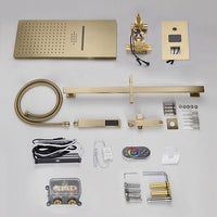 Collection of gold bathroom fixtures and components on a white background