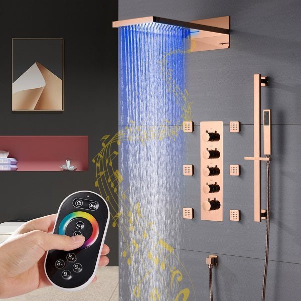 Cascada Capri 9"x22” Music LED Shower System with Bluetooth, LED Lights & Body Jets