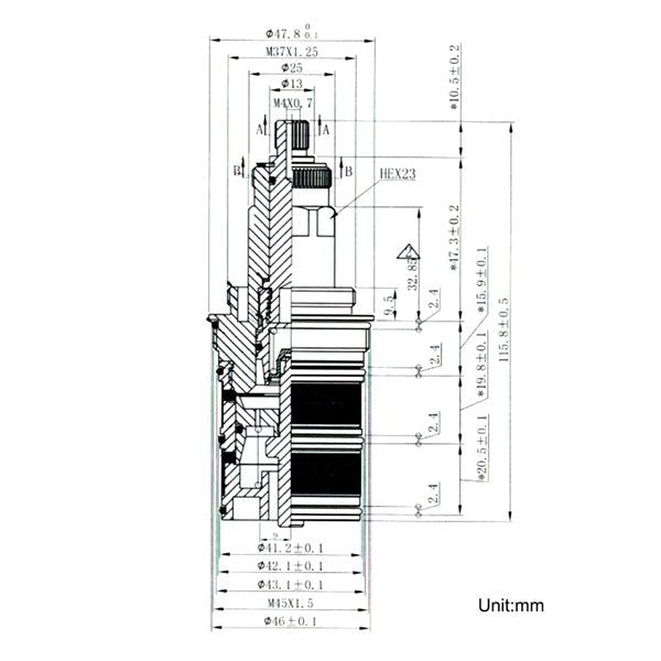 Technical drawing of a mechanical component with dimensions labeled