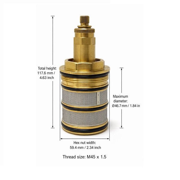 Brass fitting with measurement details of Cascada C-Type thermostatic cartridge