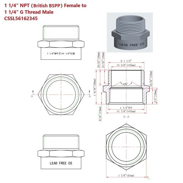 Technical drawing and dimensions of a plumbing fitting with text and part number.
