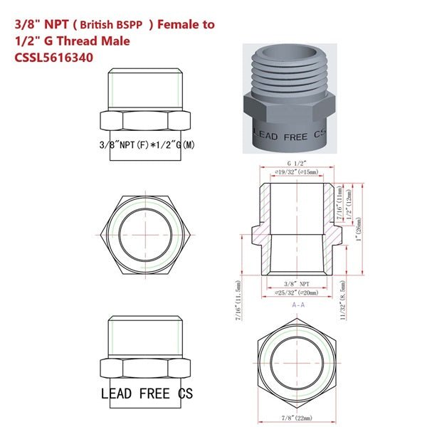 Technical drawing and physical depiction of a plumbing fitting with dimensions and specifications.