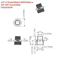 Technical diagram showing dimensions of 1/2" G Male to 3/4" NPT Male Brass Adapter