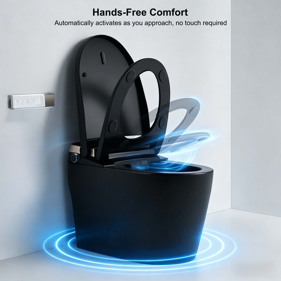 Milano smart toilet with open lid showing ceramic bowl and UV-sterilized bidet nozzle