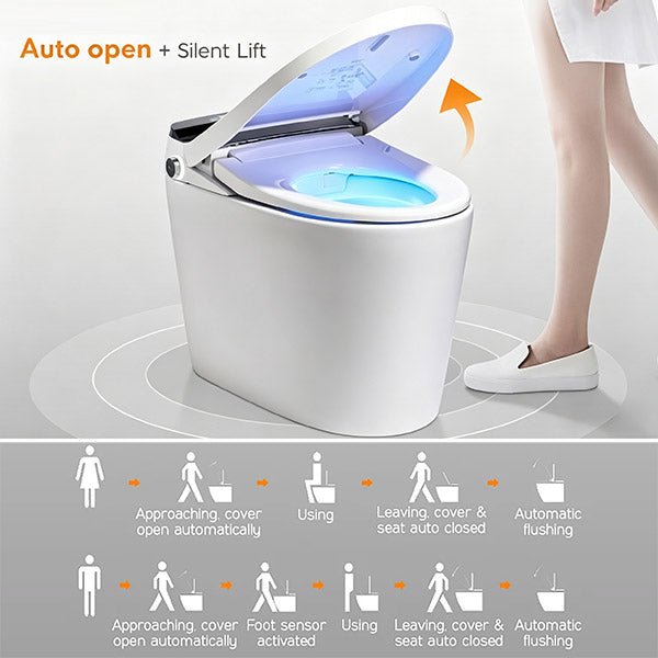 Touchless foot sensor at base of smart toilet for hands-free auto flush activation