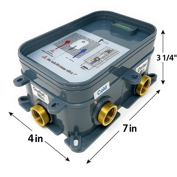 Gray box with gold outlets and measurement details Firenze dual handle shower diverter valve