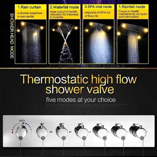 Cascada Luxurious Design 23"x31" LED Shower System, 6 Functions (Rainfall, Waterfall, Curtain, Misty, Body Jets & Handheld)