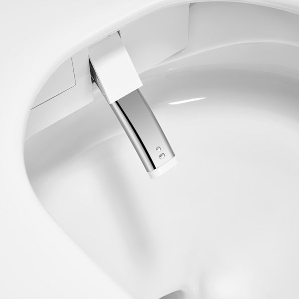 Annecy smart toilet with open lid showing ceramic bowl and self-cleaning bidet nozzle