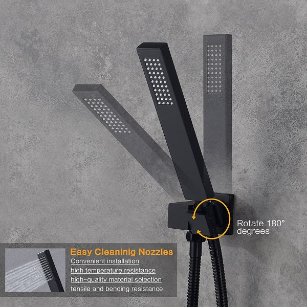 Black shower head with flexible hose on a gray concrete wall