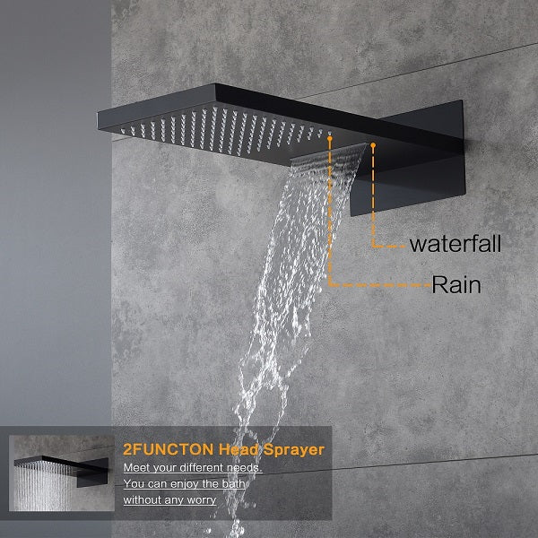 Cascada Dual-function shower head sprayer on a gray wall with water flowing.
