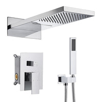 Rectangular top shower head showing rainfall and waterfall spray pattern