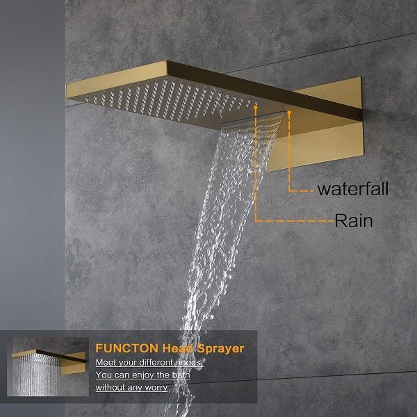 9x22 stainless steel rainfall and waterfall shower head in brushed gold