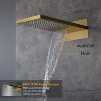 9x22 stainless steel rainfall and waterfall shower head in brushed gold