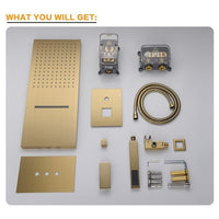 Collection of gold bathroom fixtures and components 