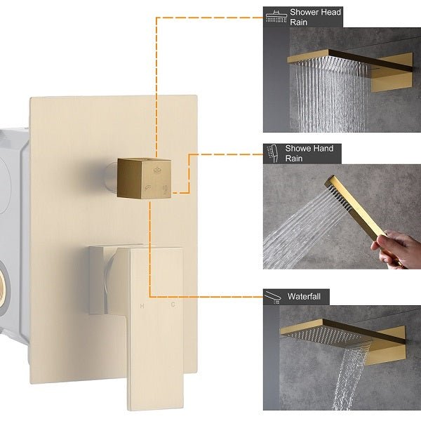 Gold shower head and control panel with different shower modes 